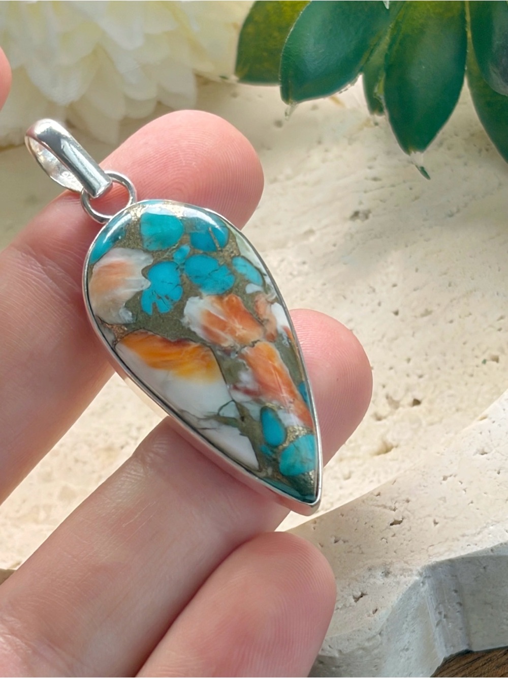Large Pure Sterling Silver 925 Genuine Oyster Copper Turquoise Pendant New